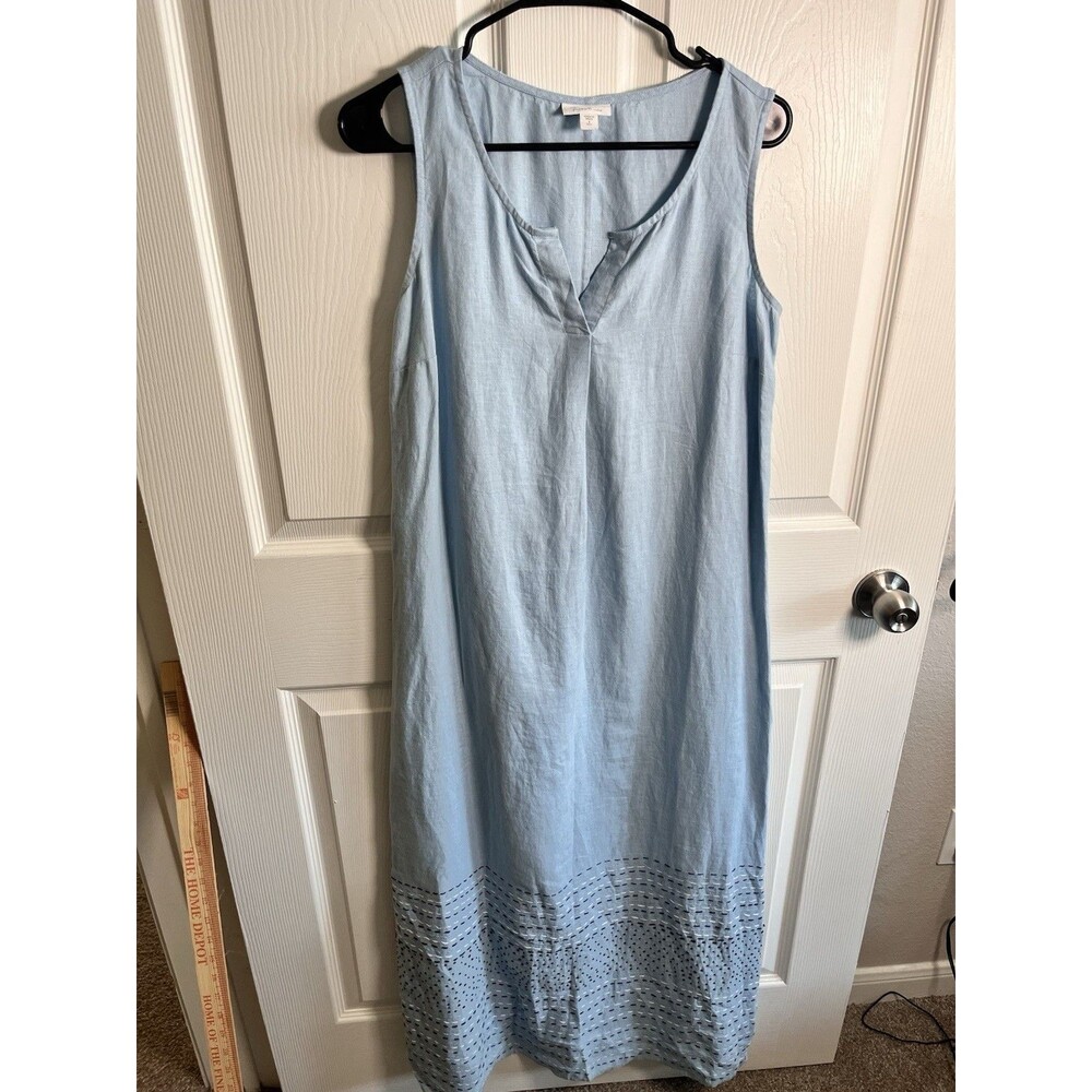 Pure J.Jill Linen Sleeveless Dress Light Blue Eyelet Hem Split Neck Size S Tall